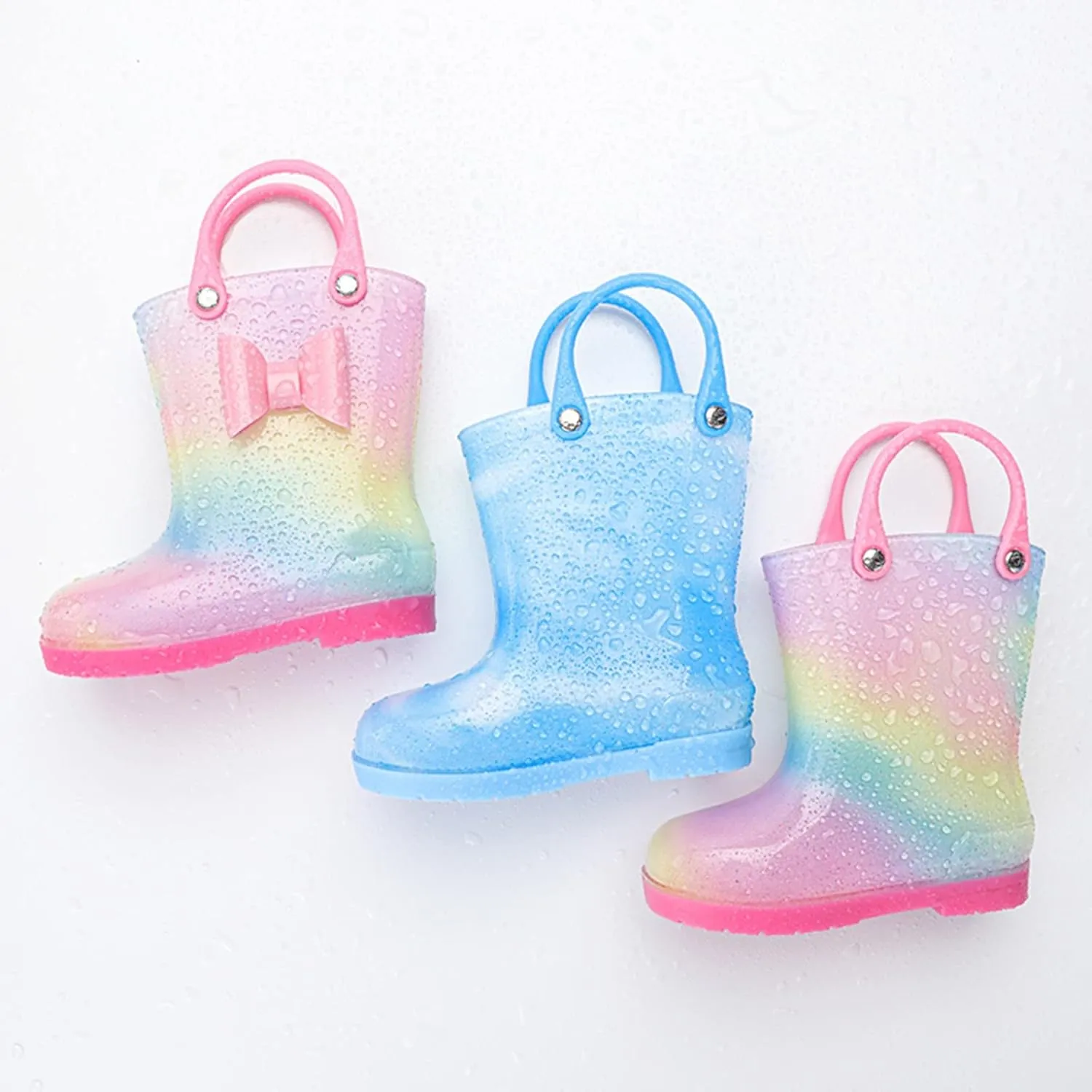 Kids Tie Dye Waterproof Rain Boot with Pull on Handles Toddler Girls Bow Rain Boots Rubber Boots Cute Baby Boy Boots