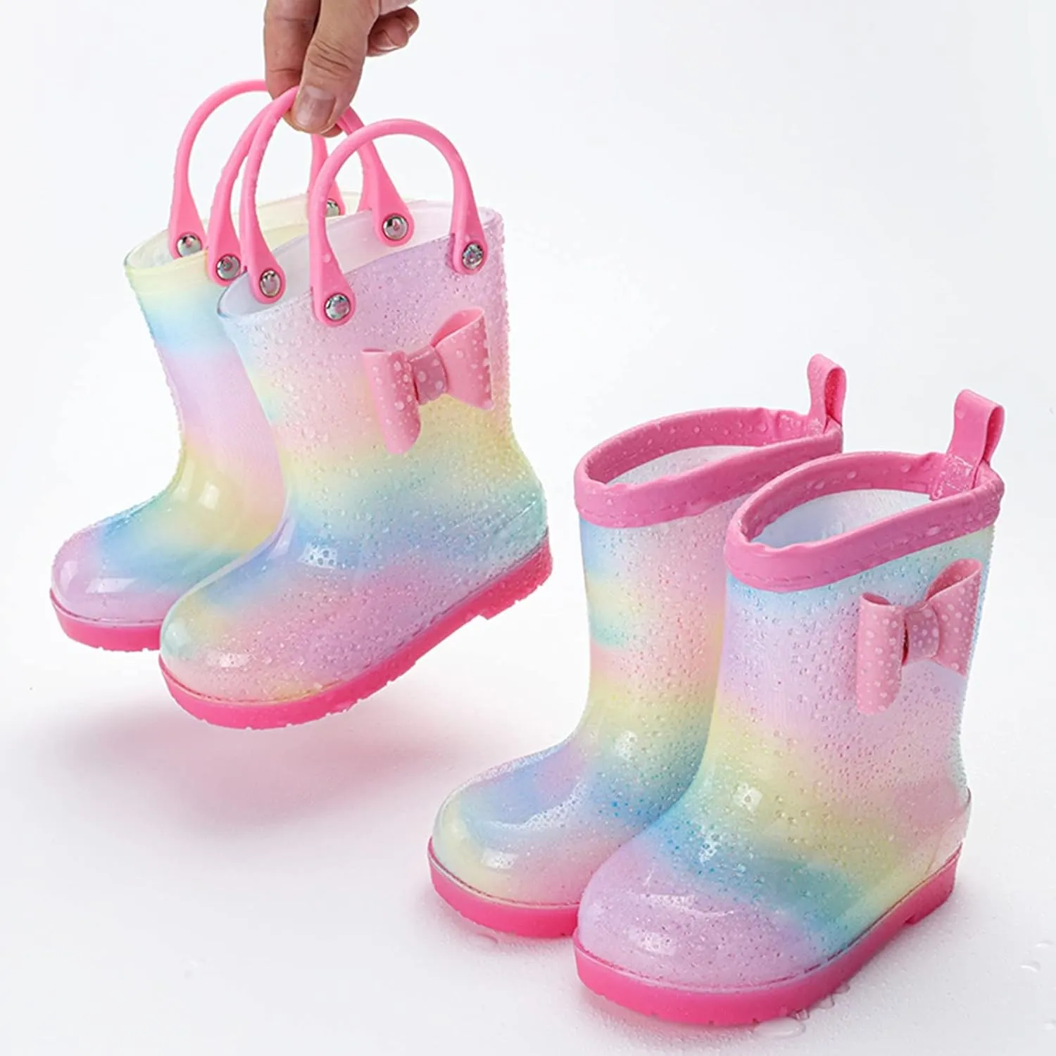 Kids Tie Dye Waterproof Rain Boot with Pull on Handles Toddler Girls Bow Rain Boots Rubber Boots Cute Baby Boy Boots