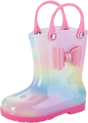 Kids Tie Dye Waterproof Rain Boot with Pull on Handles Toddler Girls Bow Rain Boots Rubber Boots Cute Baby Boy Boots