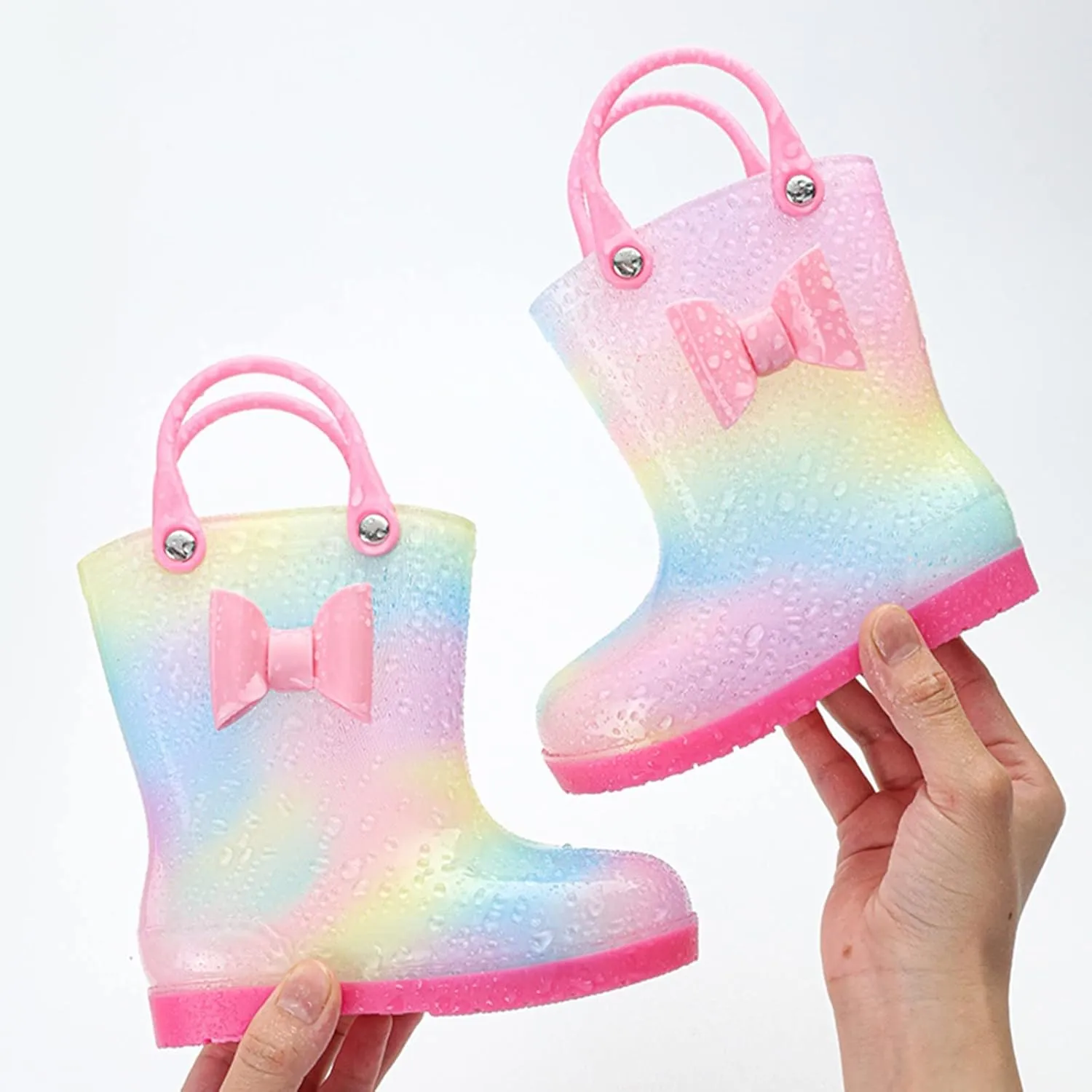 Kids Tie Dye Waterproof Rain Boot with Pull on Handles Toddler Girls Bow Rain Boots Rubber Boots Cute Baby Boy Boots
