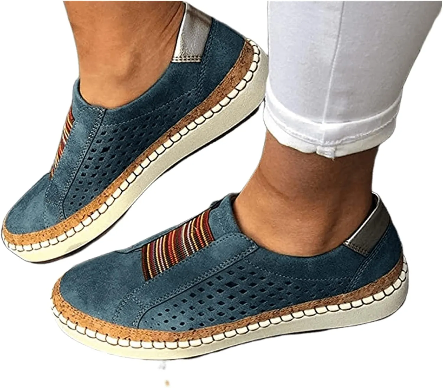 Ladmiple Sneakers For Women Slip On Wide Width Casual Leather Walking Shoes Dressy Casual Summer Lace Up Platform Loafer