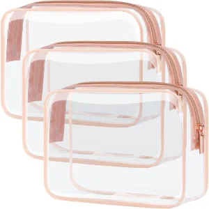 LAKSMI Clear Toiletry Bag, TSA Approved Waterproof Quart Size Bag, Makeup Cosmetic Bag Airport Airline Compliant Organizers for Vacation, Travel, Bathroom, 3 Pack