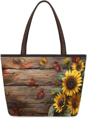 Large Tote Bag For Women Flower Sunflower Butterfly Wood Work Cloth Bags With Zipper Reusable Grocery Hand Bags Casual Travel Overnight Tote Purses Fit Travel,Work, Vacation,Beach, Shopping, Gym,Gifts