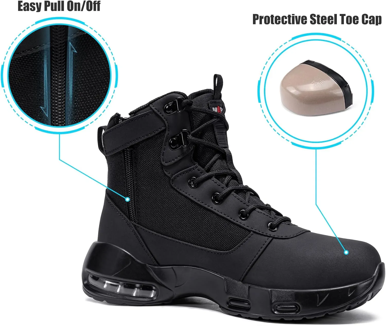 LARNMERN Steel Toe Boot Men Non Slip Work Shoe Rainproof Safety Toe Sneaker Side Zipper Industrail Boot Air Cushion High Top Tactical Shoe