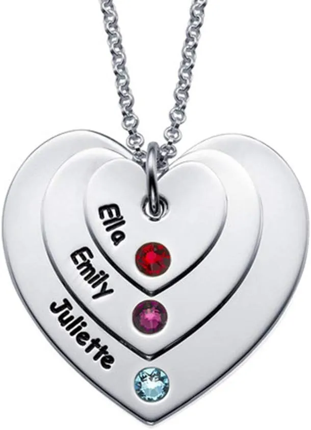 Layered Heart Pendants Birthstone Necklace Customized Necklace Engraved with Any Names