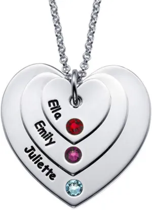 Layered Heart Pendants Birthstone Necklace Customized Necklace Engraved with Any Names
