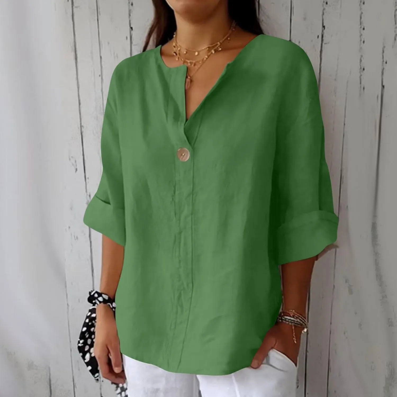 Linen Tops for Women 2025 Summer Trendy 3/4 Sleeve Cotton Linen Shirt Casual Button V Neck Tunic Blouses Plus Size