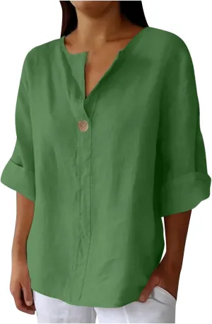 Linen Tops for Women 2025 Summer Trendy 3/4 Sleeve Cotton Linen Shirt Casual Button V Neck Tunic Blouses Plus Size