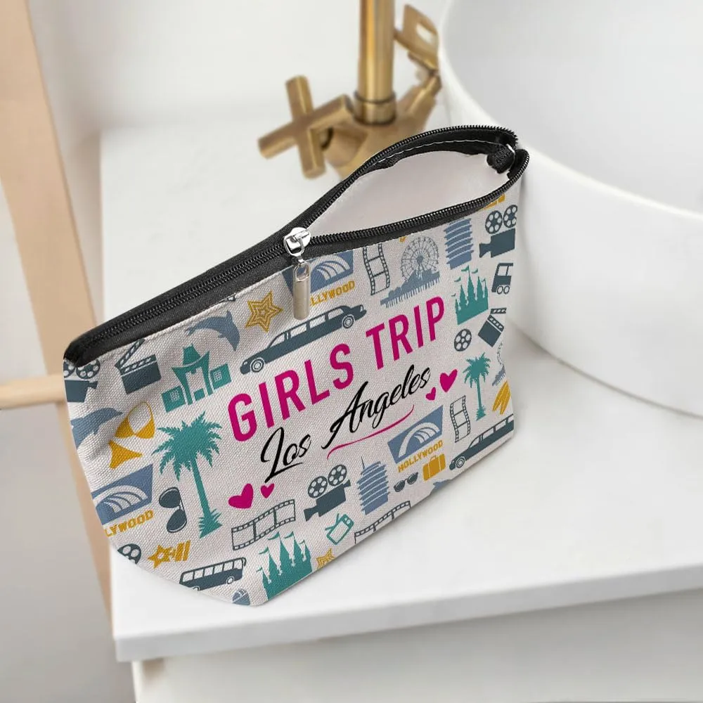 Los Angeles Girls Trip Makeup Bag, Multicolor Cosmetic Case for Women, Waterproof Cotton Linen Travel Toiletry Bag, 9.7 x 6.8 inches for Women, Travel, Makeup