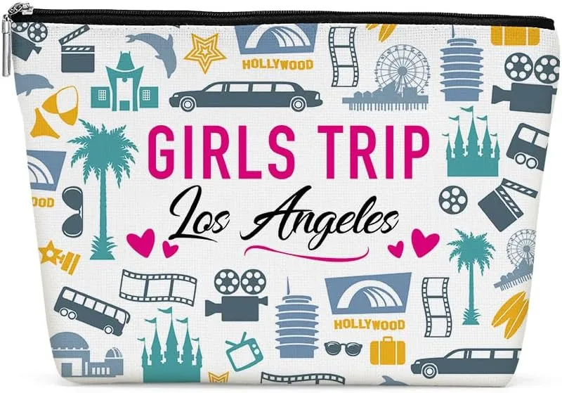 Los Angeles Girls Trip Makeup Bag, Multicolor Cosmetic Case for Women, Waterproof Cotton Linen Travel Toiletry Bag, 9.7 x 6.8 inches for Women, Travel, Makeup