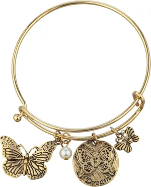 LUX ACCESSORIES Minimalist Butterfly Dream White Pearl Pendants Gold Bangle Bracelet