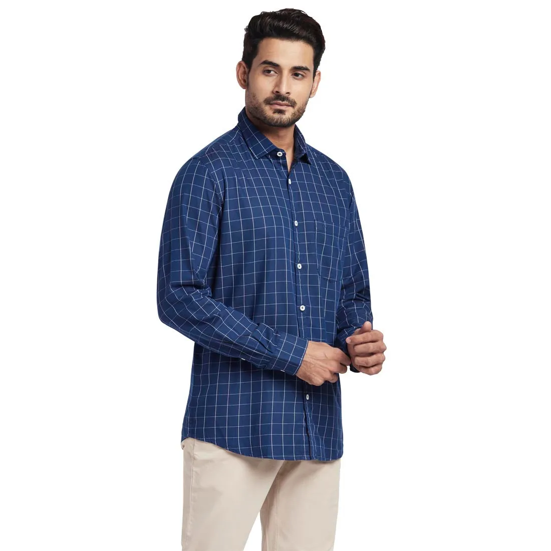 Men Navy Tailored Fit Checks Cotton Full Sleeve Shirts