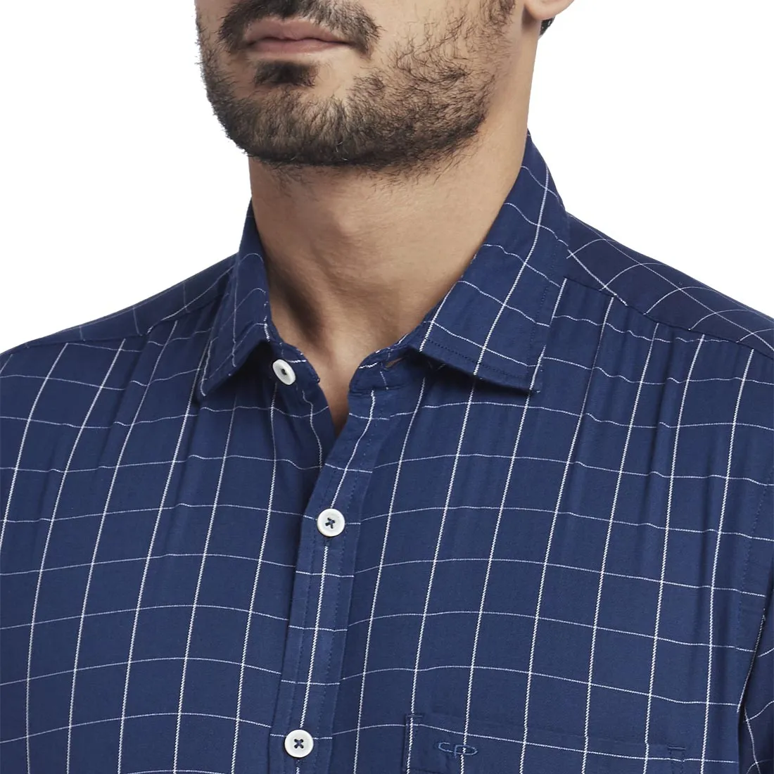 Men Navy Tailored Fit Checks Cotton Full Sleeve Shirts