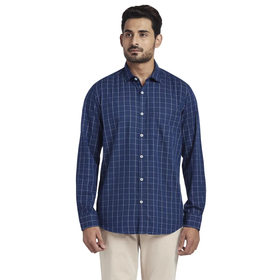 Men Navy Tailored Fit Checks Cotton Full Sleeve Shirts