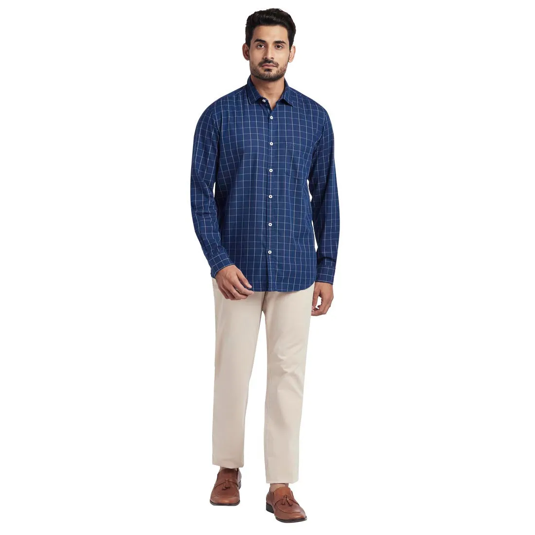 Men Navy Tailored Fit Checks Cotton Full Sleeve Shirts