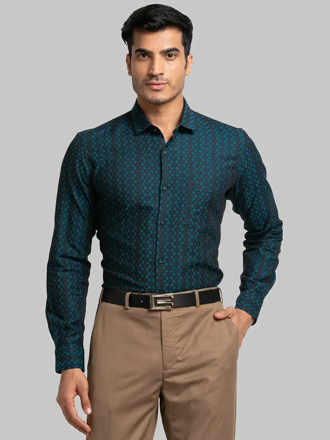 Men Petrol Contemporary Fit Jacquard Cotton Shirts