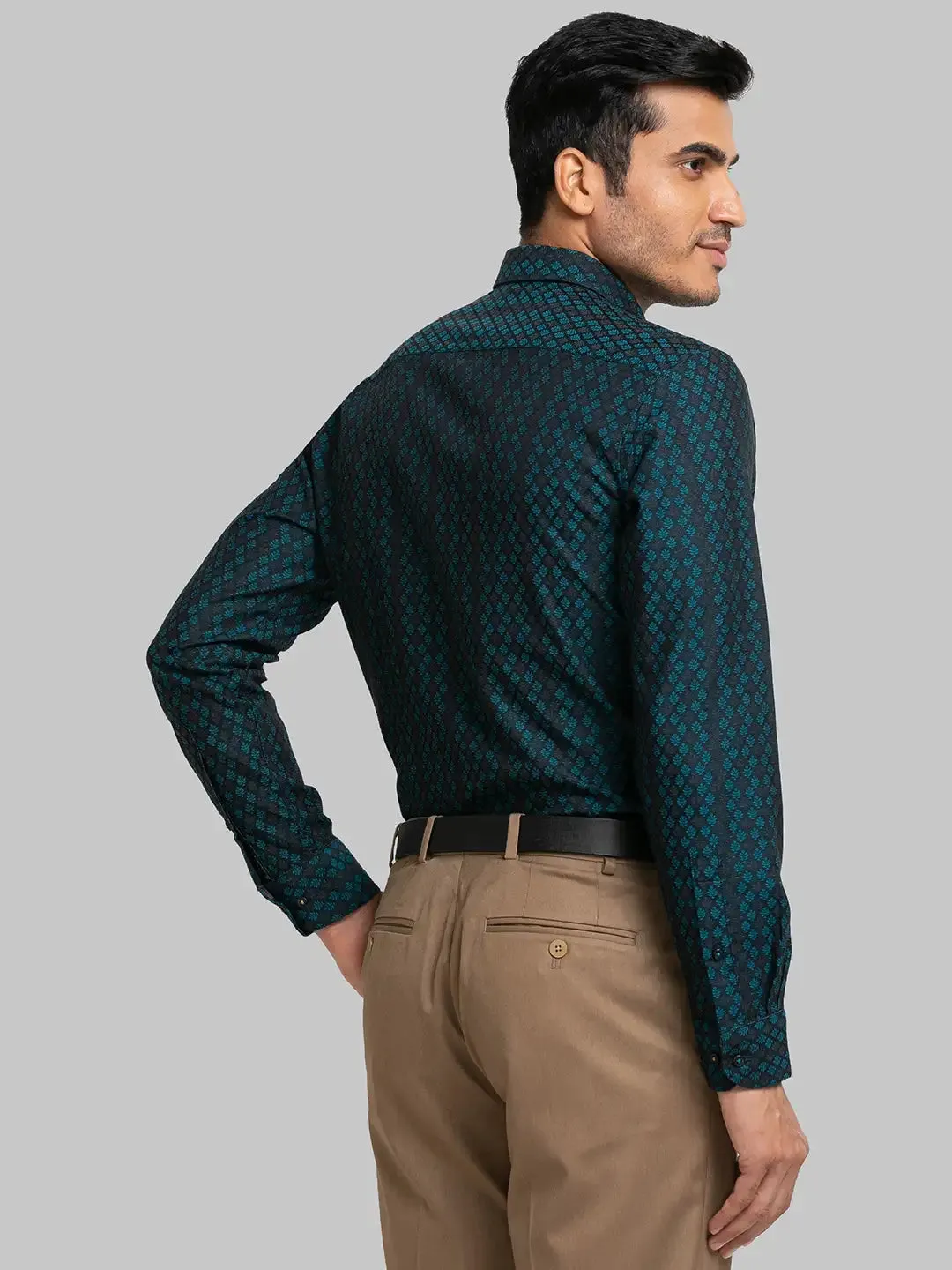 Men Petrol Contemporary Fit Jacquard Cotton Shirts