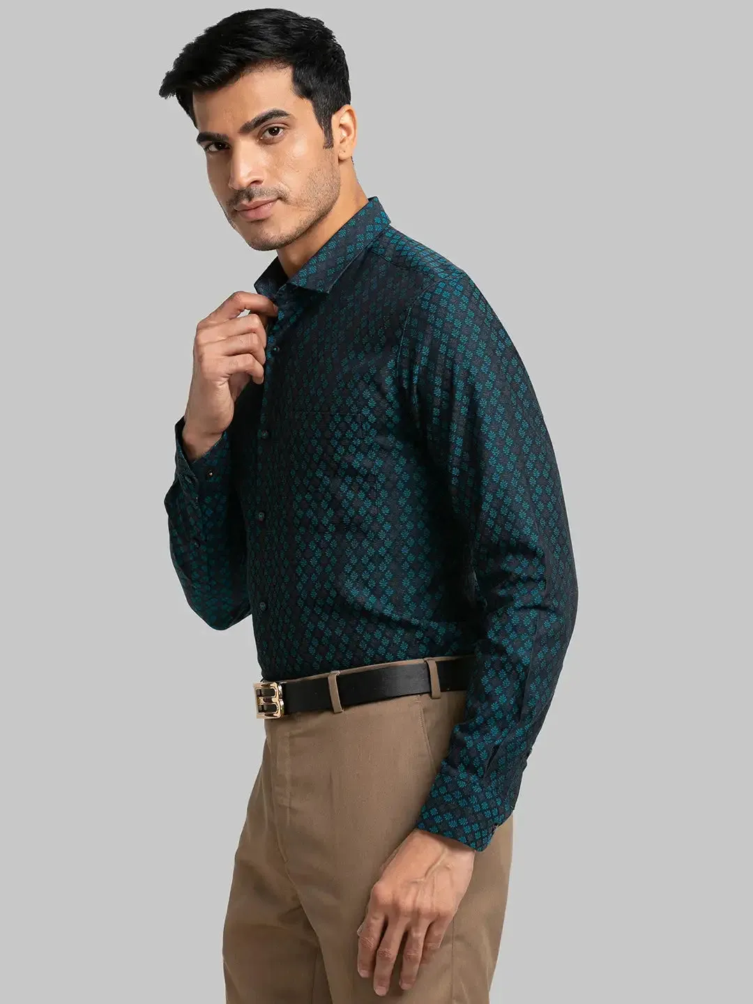 Men Petrol Contemporary Fit Jacquard Cotton Shirts