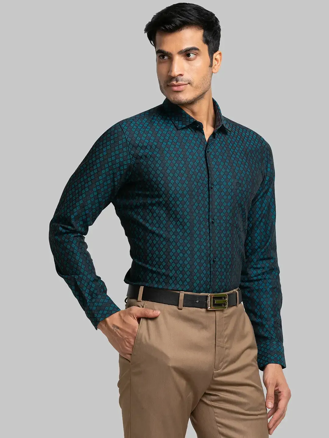 Men Petrol Contemporary Fit Jacquard Cotton Shirts