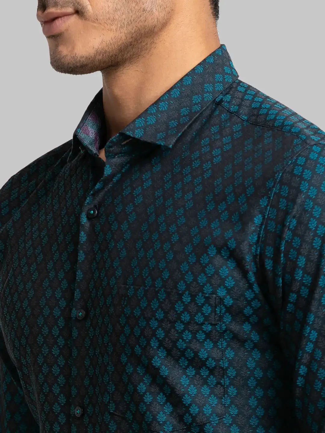 Men Petrol Contemporary Fit Jacquard Cotton Shirts