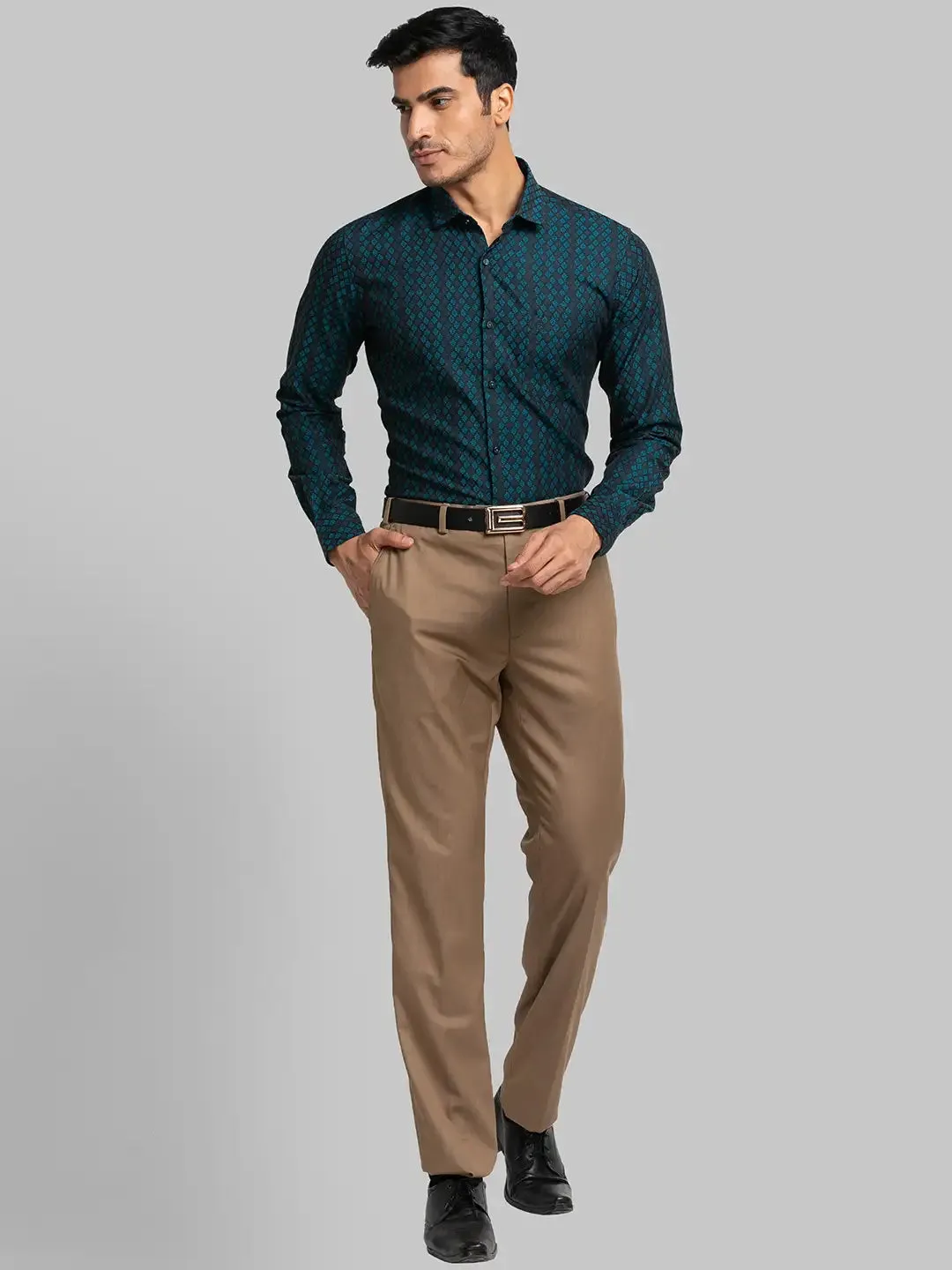 Men Petrol Contemporary Fit Jacquard Cotton Shirts