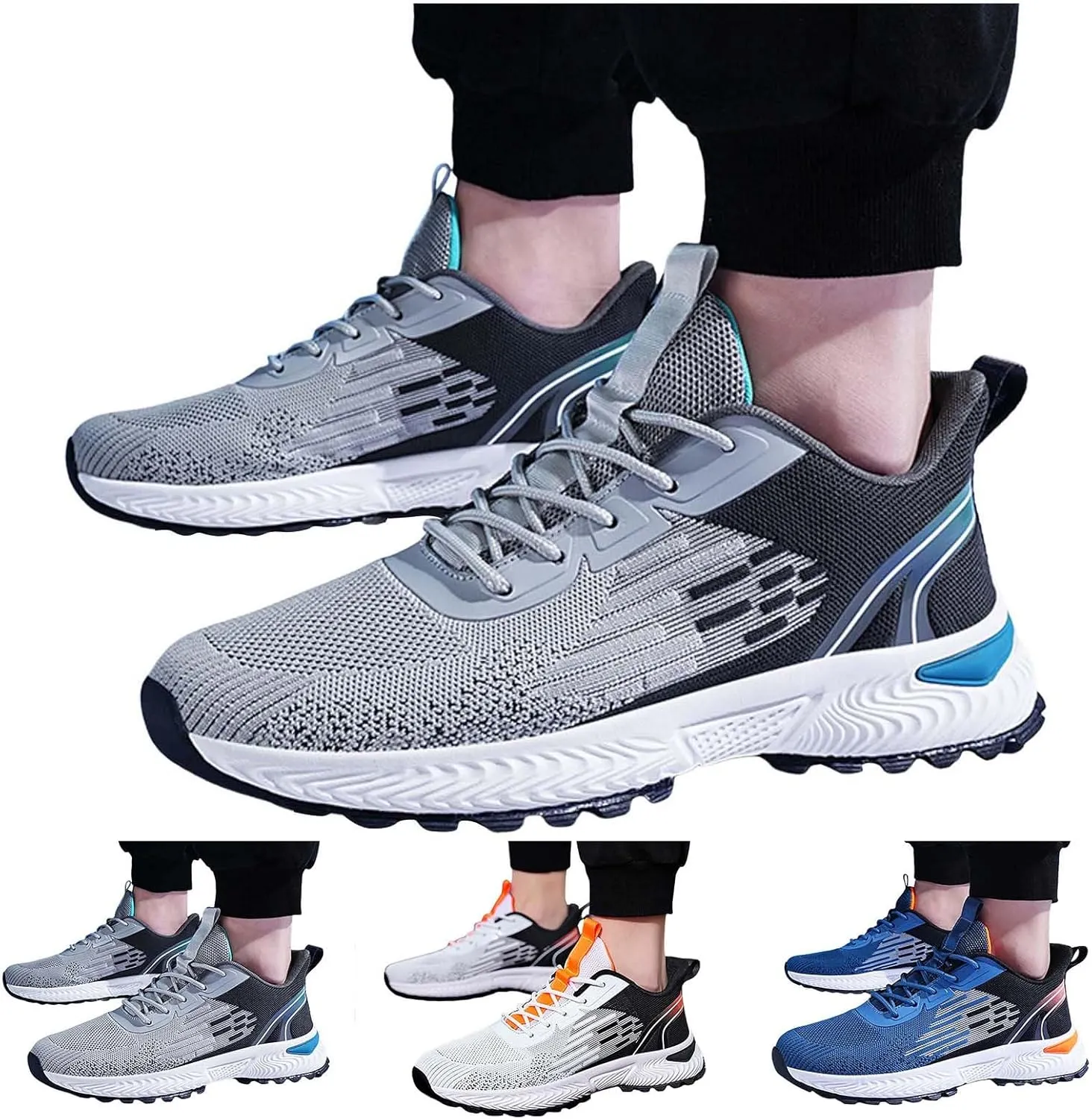 Men Sports Shoes Fashionable New Pattern Color Blocking Mesh Fabric Breathable Comfortable Non Slip Lace Men's Sneaker