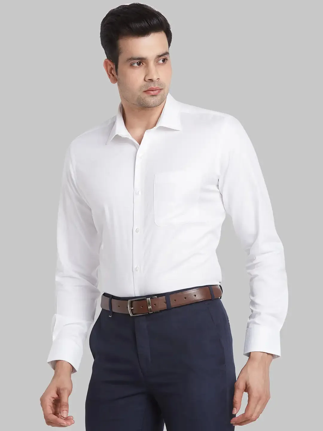 Men White Contemporary Fit Jacquard Cotton Shirts