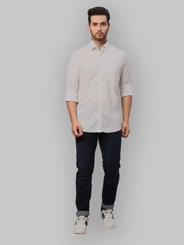 Men White Slim Fit Print Cotton Shirts