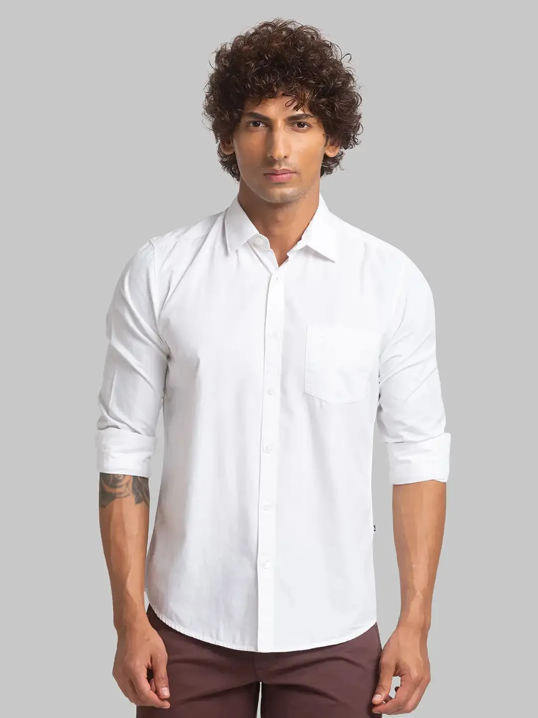 Men White Slim Fit Solid Cotton Full Sleeve Shirts