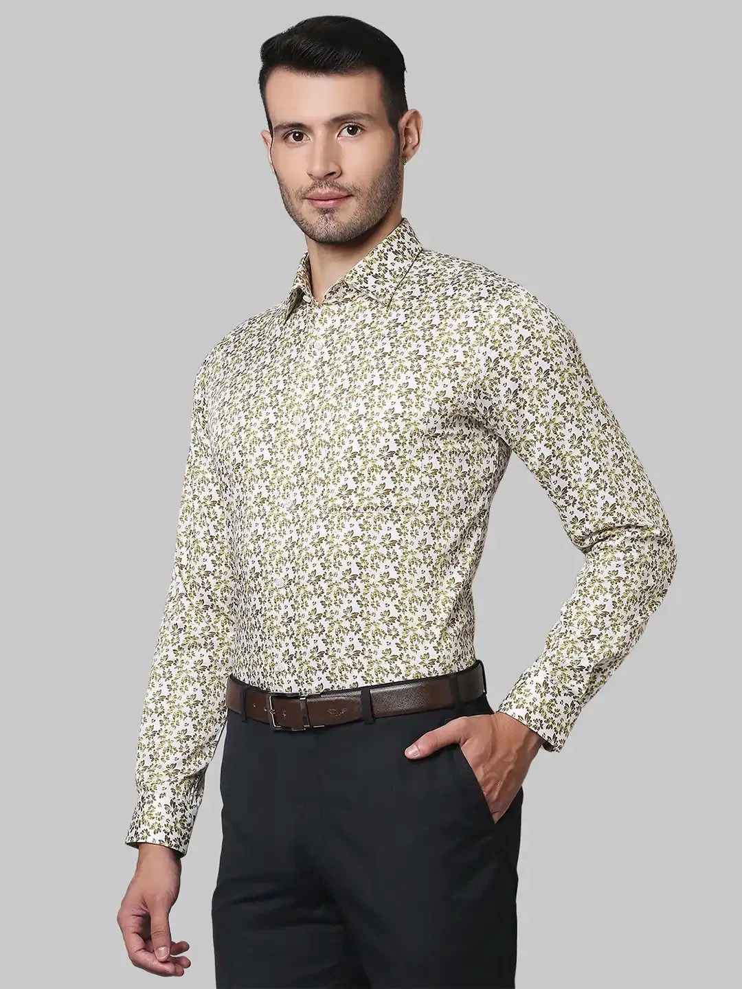 Men Yellow Contemporary Fit Print Cotton Shirts