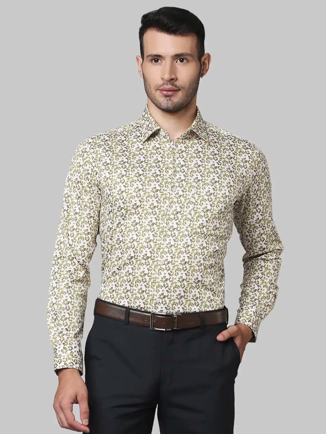 Men Yellow Contemporary Fit Print Cotton Shirts