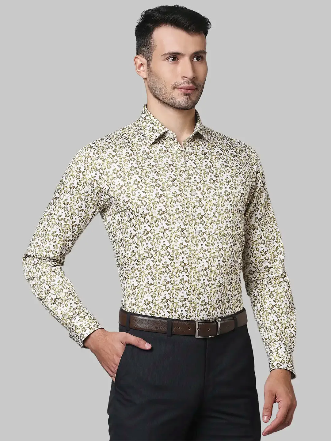 Men Yellow Contemporary Fit Print Cotton Shirts