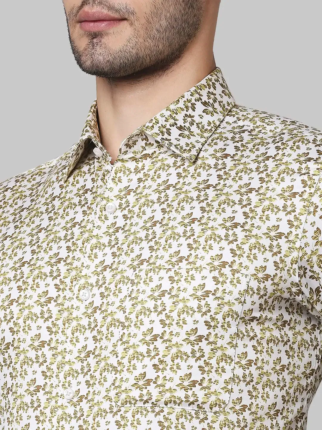 Men Yellow Contemporary Fit Print Cotton Shirts