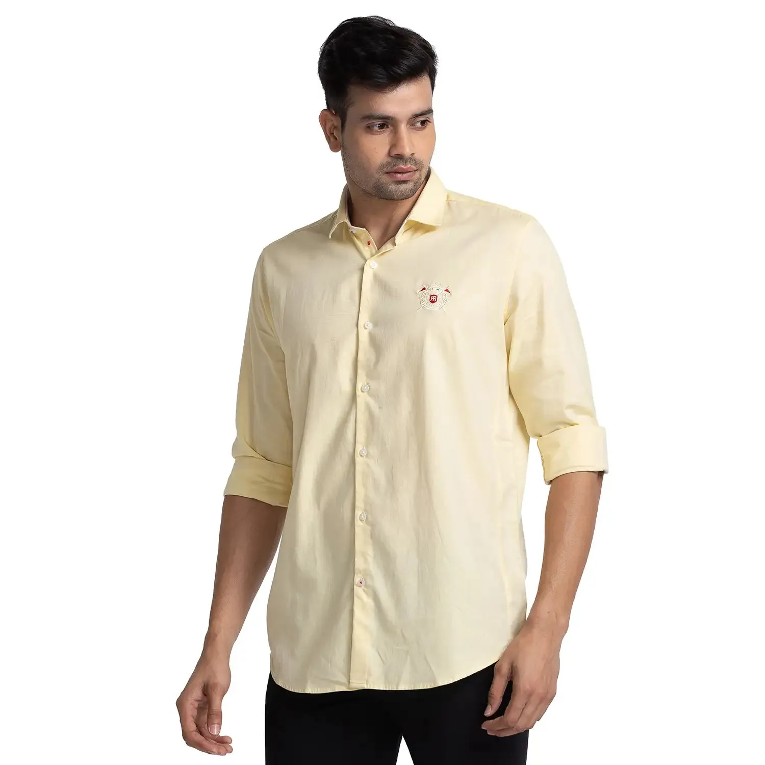 Men Yellow Contemporary Fit Solid Cotton Shirts