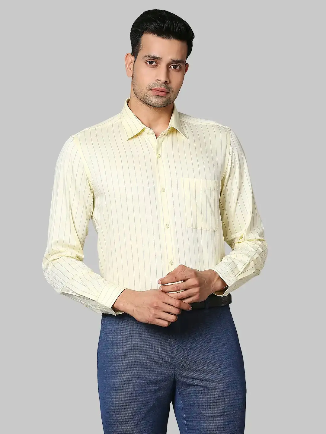 Men Yellow Contemporary Fit Stripe Cotton Shirts