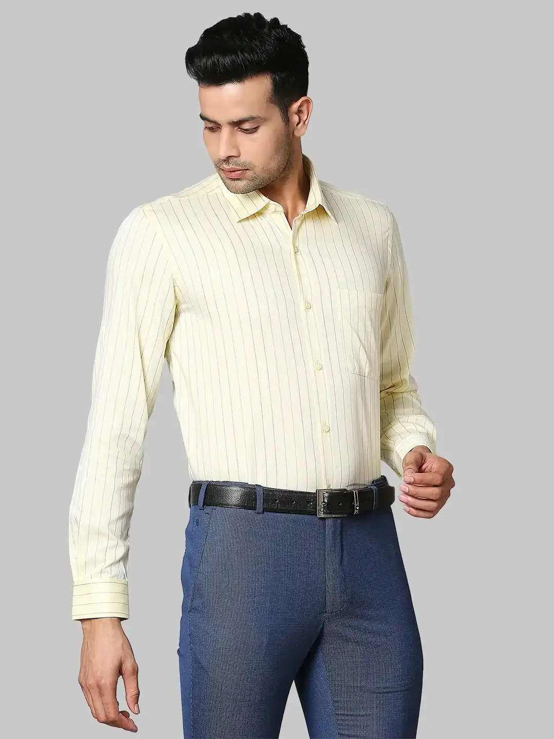 Men Yellow Contemporary Fit Stripe Cotton Shirts