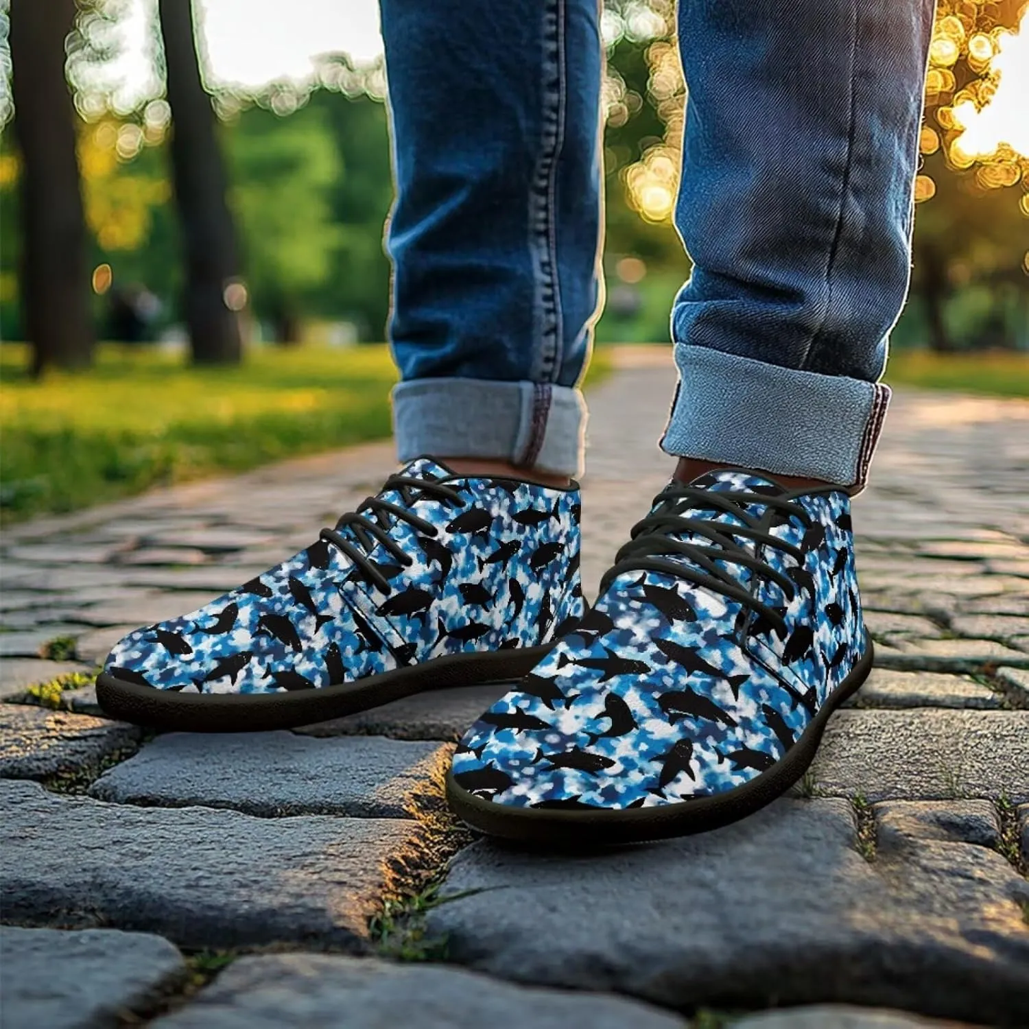 Mens Barefoot Shoes for Walking Blue Sharks Pattern Non Slip Zero Drop Sole Running Sneakers