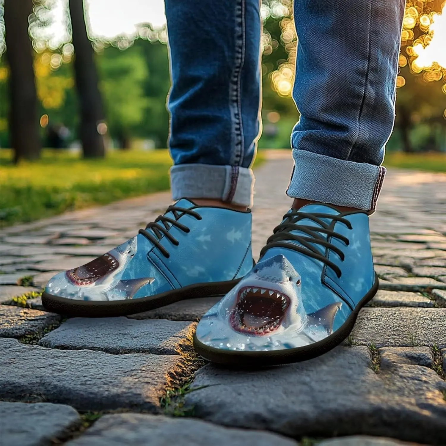 Mens Barefoot Shoes for Walking Blue Sharks Pattern Non Slip Zero Drop Sole Running Sneakers
