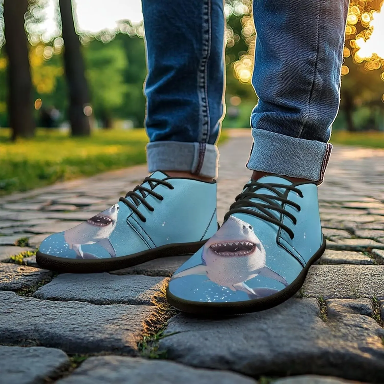 Mens Barefoot Shoes for Walking Blue Sharks Pattern Non Slip Zero Drop Sole Running Sneakers
