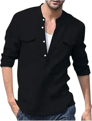 Men's Long Sleeve Button Up Dressy Shirt Solid Color Turn Down Collar with Pockets Lightweight Casual Blouse Top