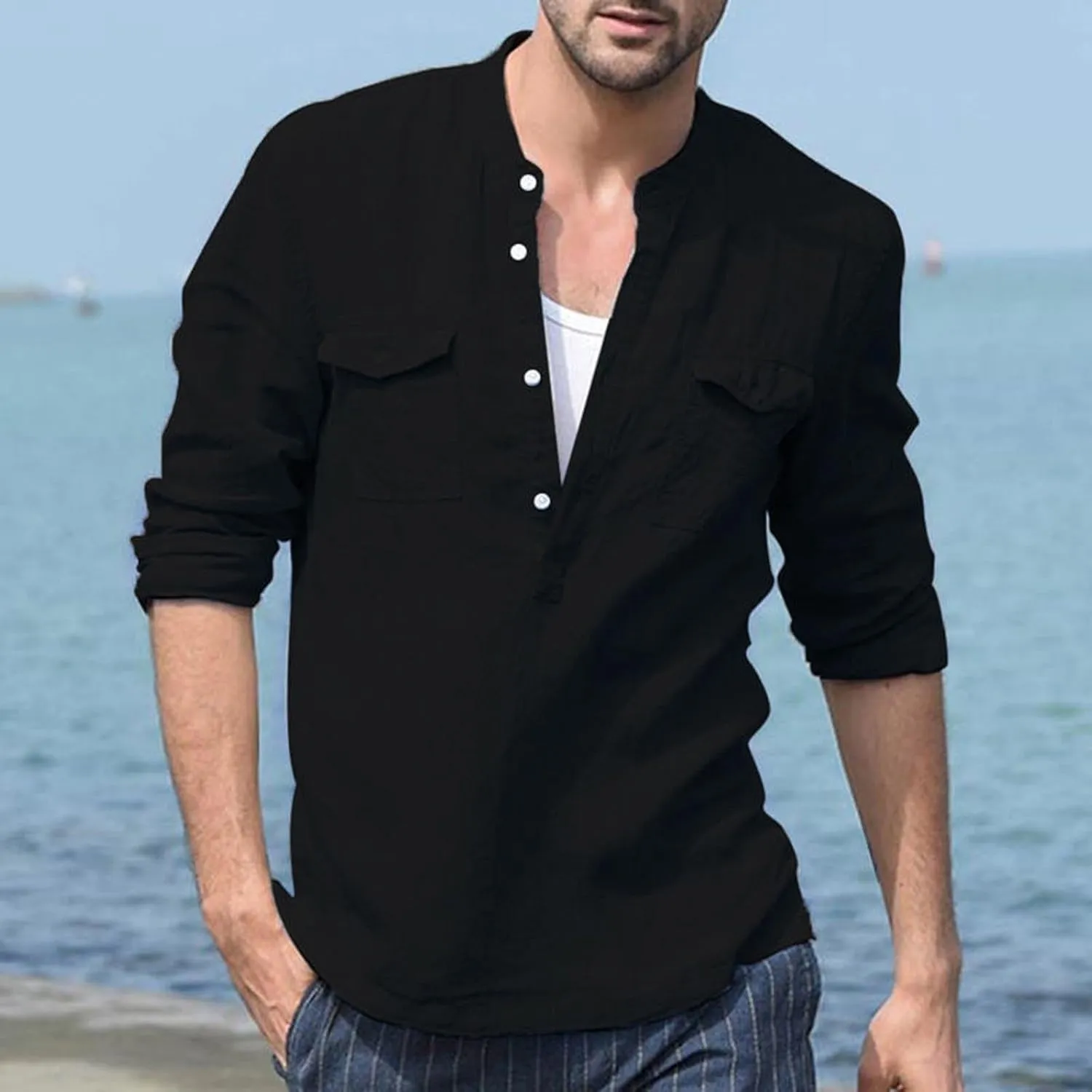 Men's Long Sleeve Button Up Dressy Shirt Solid Color Turn Down Collar with Pockets Lightweight Casual Blouse Top