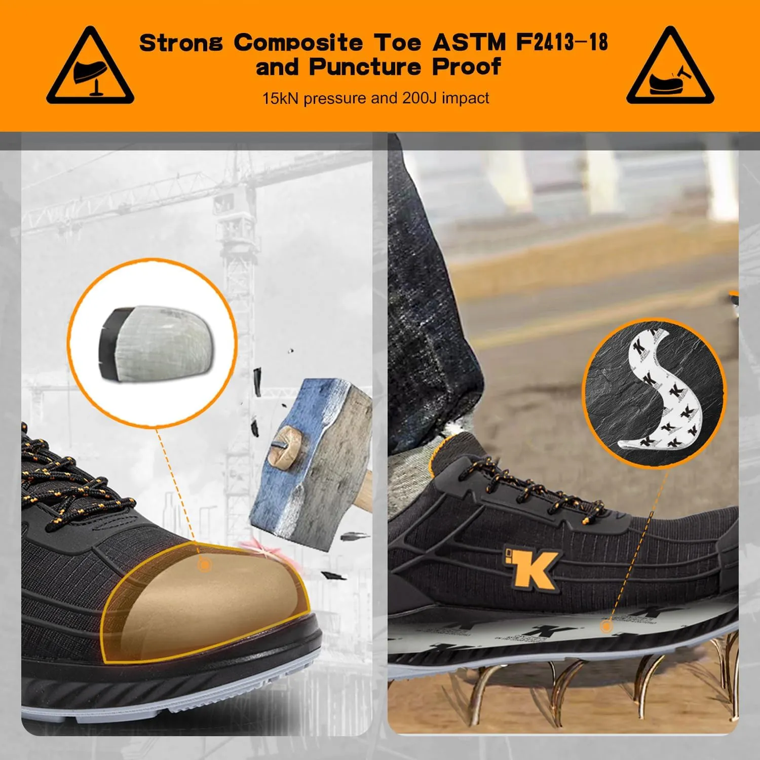 Men's Work & Safety Footwear, 100% Waterproof Composite Toe Electrical Hazard Industrial & Construction Safety Shoes ASTM F2413, Puncture Proof, Slip and Oil Resistant F3445 Work Sneakers