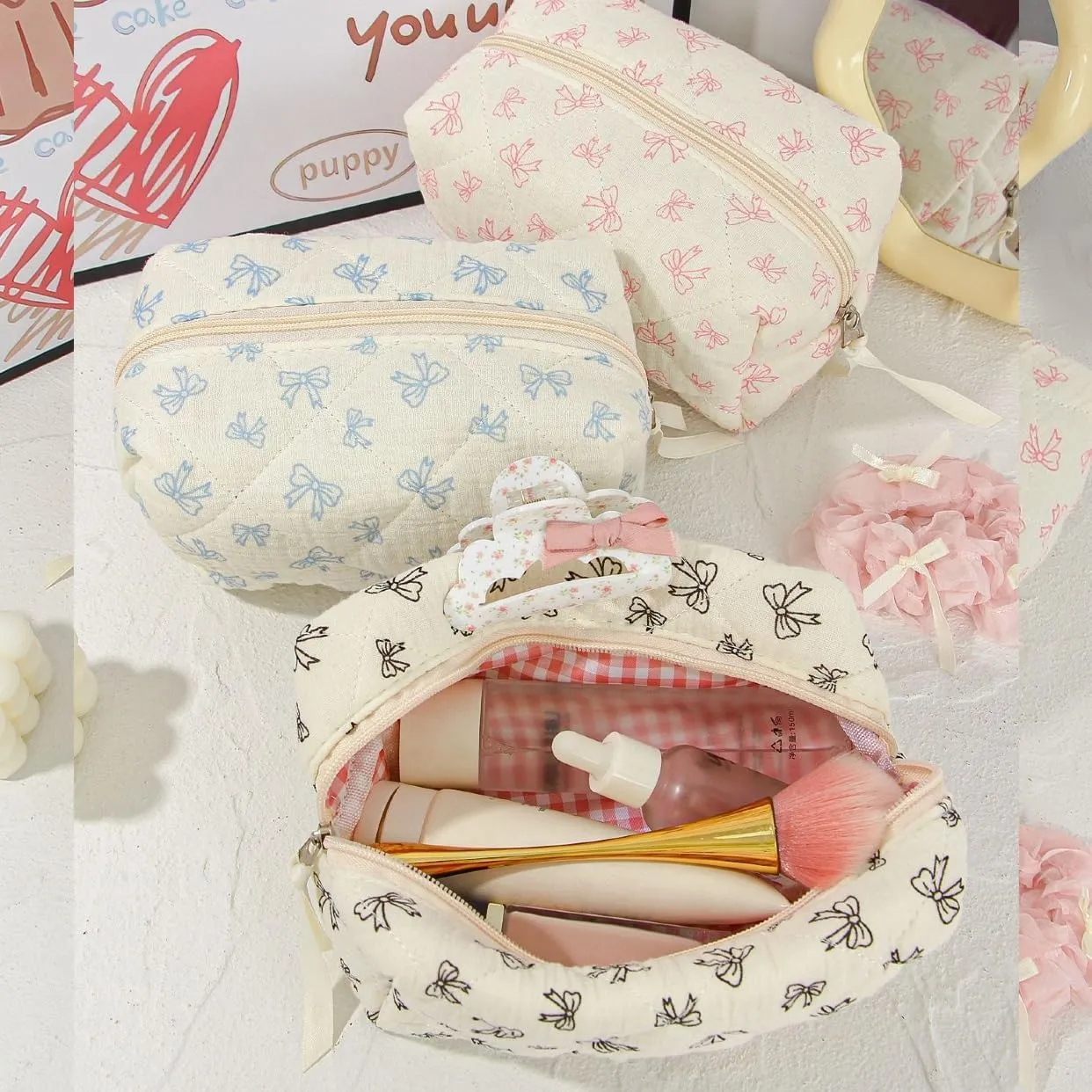 Mini Quilted Makeup Bag Purse for Travel, Cute Small Cosmetic Bag Pouch for Women Cotton Preppy Toiletry Skincare Essentials Organizer Case (Blue)