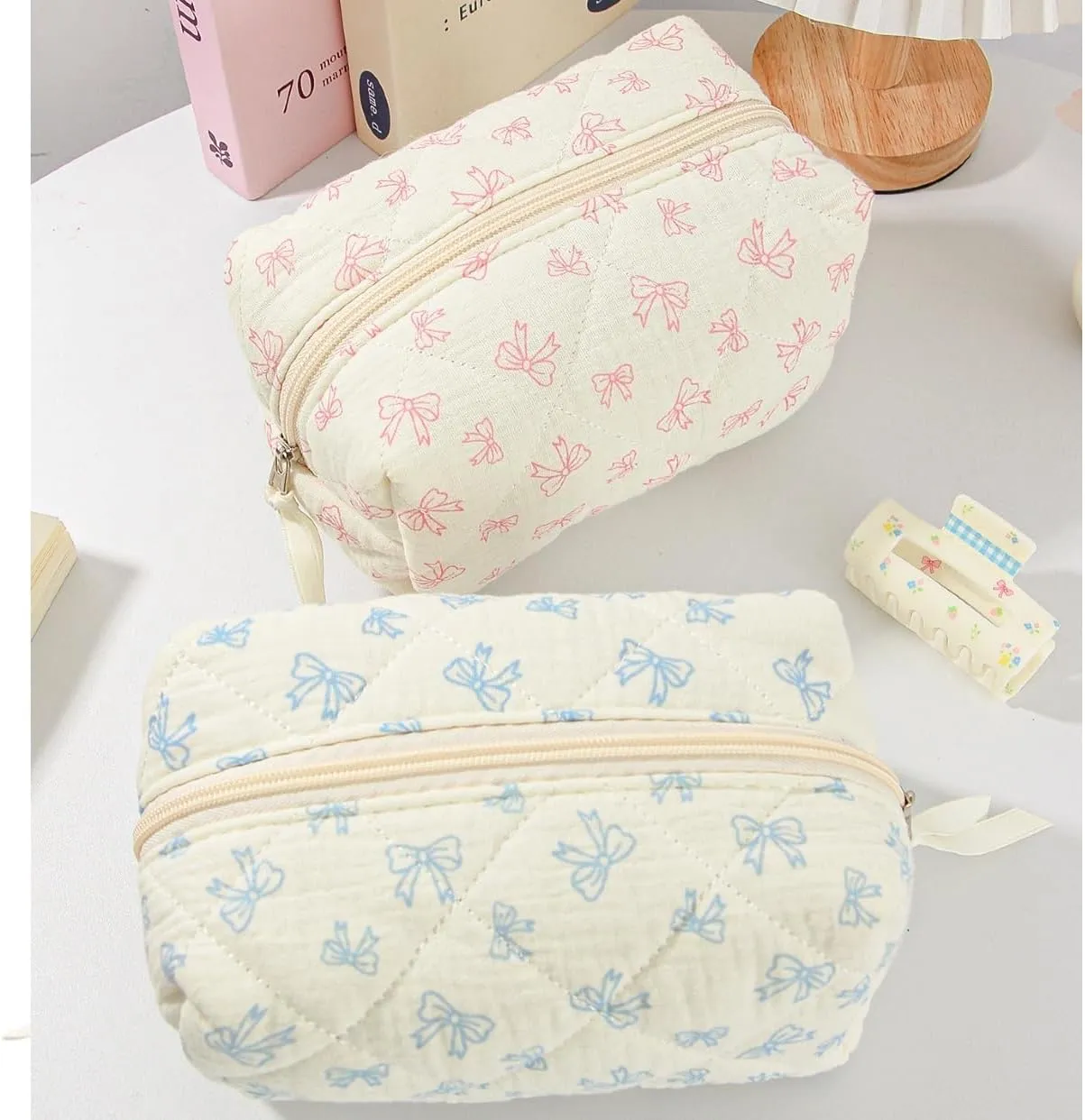 Mini Quilted Makeup Bag Purse for Travel, Cute Small Cosmetic Bag Pouch for Women Cotton Preppy Toiletry Skincare Essentials Organizer Case (Blue)