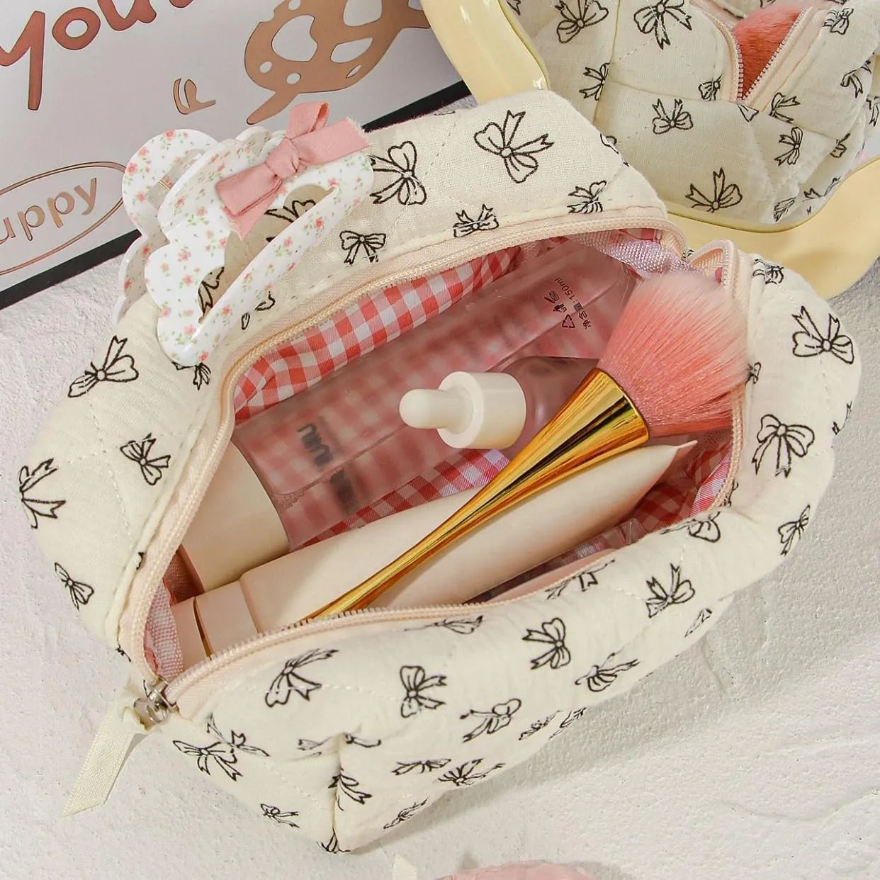 Mini Quilted Makeup Bag Purse for Travel, Cute Small Cosmetic Bag Pouch for Women Cotton Preppy Toiletry Skincare Essentials Organizer Case (Blue)