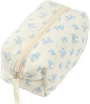 Mini Quilted Makeup Bag Purse for Travel, Cute Small Cosmetic Bag Pouch for Women Cotton Preppy Toiletry Skincare Essentials Organizer Case (Blue)