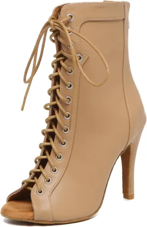 Minishion Womens Ballroom Dance Boot Lace-Up Peep Toe Prom Ankle Sandals Shoes