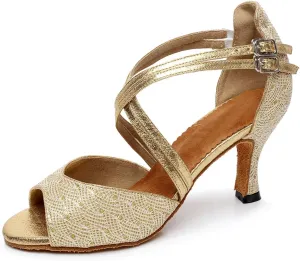 Minishion Women's Style QJ6210 Peep Toe Double Cross Strap Salsa Latin Ballroom Dance Shoes