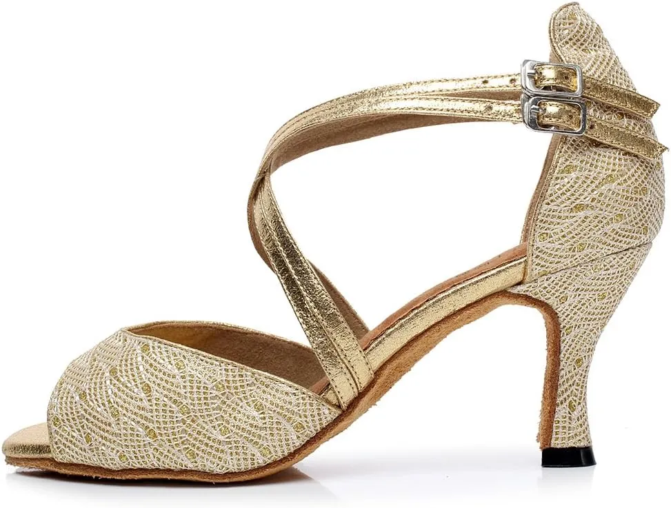 Minishion Women's Style QJ6210 Peep Toe Double Cross Strap Salsa Latin Ballroom Dance Shoes
