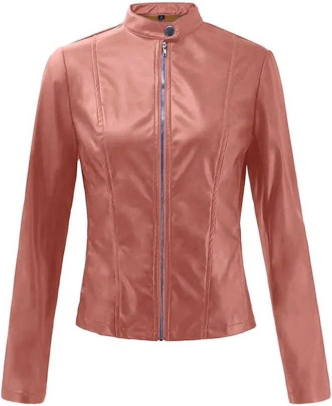 Miyaomn Women's Punk Zip Up Moto Biker Crop Jackets PU Faux Leather Slim Fit Collared Long Sleeve Petite Short Coat Outerwear
